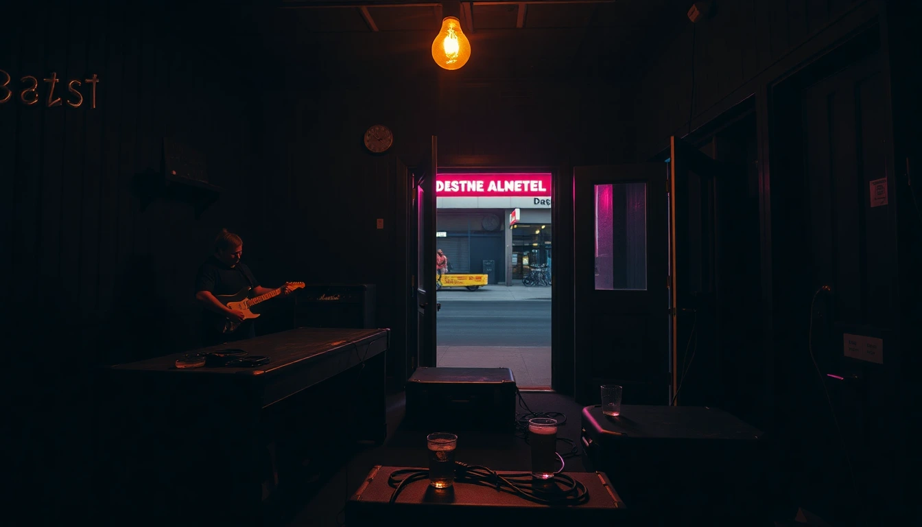 A band packing up their gear under a single bare bulb after a small-venue gig — the reality behind the median $14,700 income