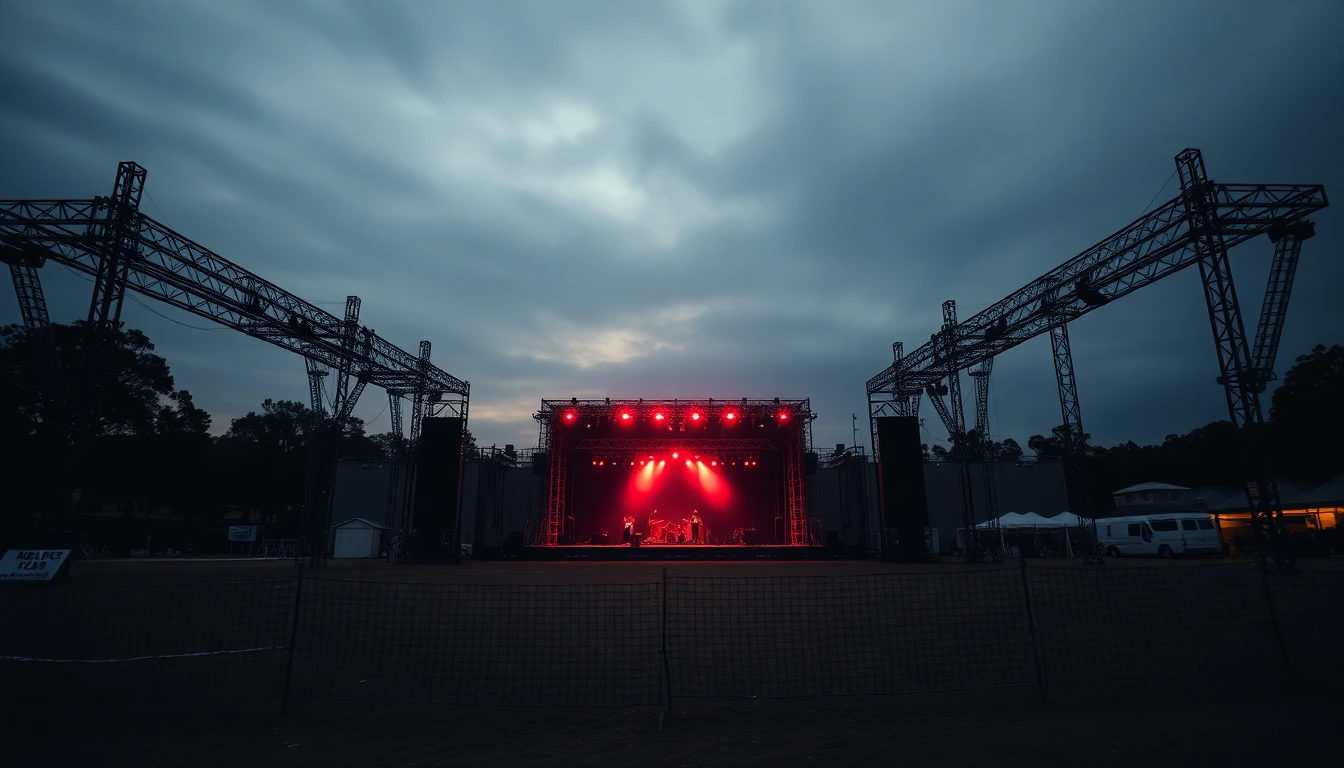 An abandoned outdoor festival site at dusk — torn bunting, empty fencing, no crowd