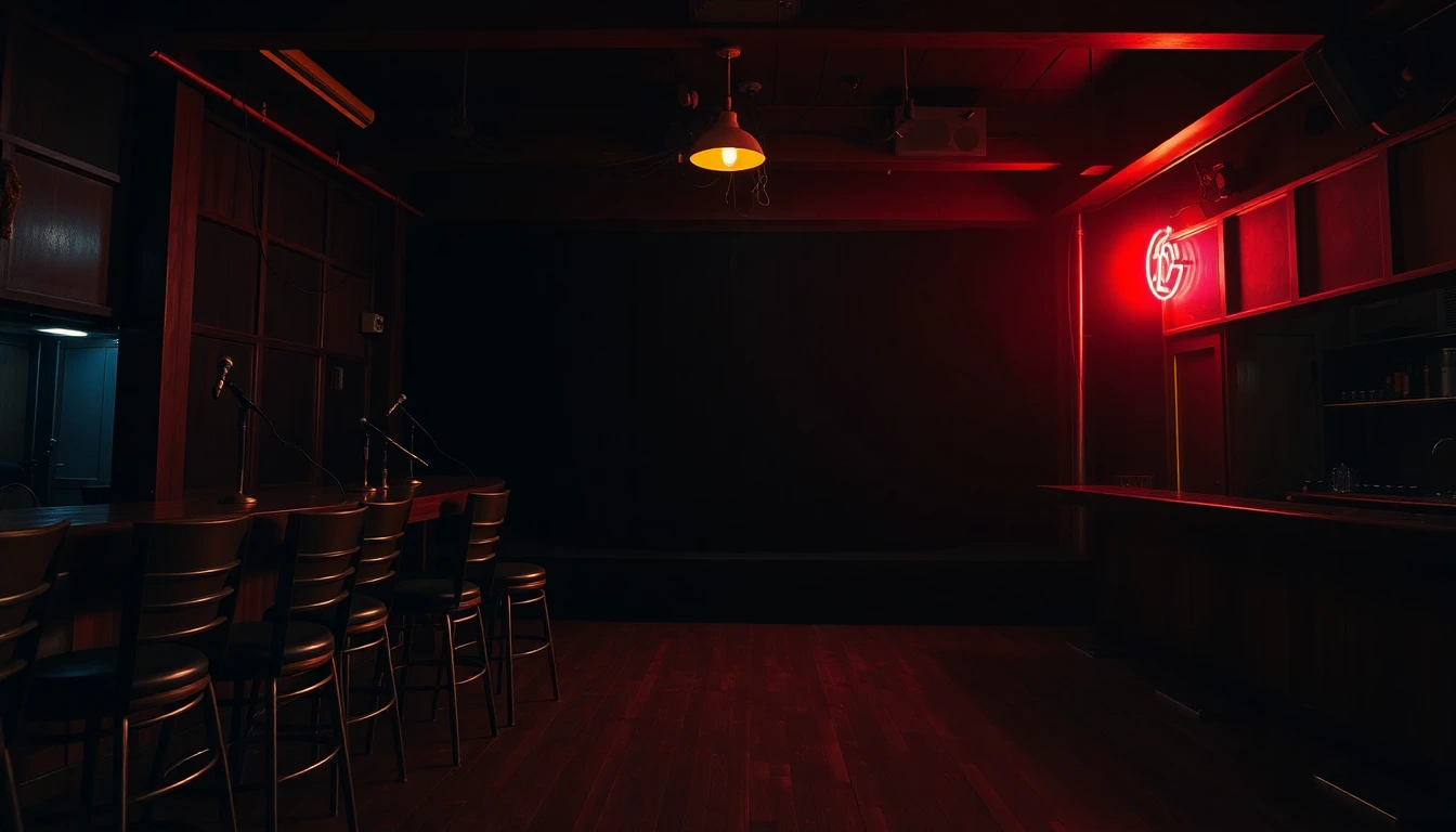 The interior of a closed small-music venue, stools up on the bar, stage dark, microphones unplugged