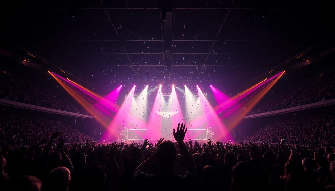 A vast arena concert crowd with raised hands silhouetted against stage lights — the industry's headline growth lives at this scale