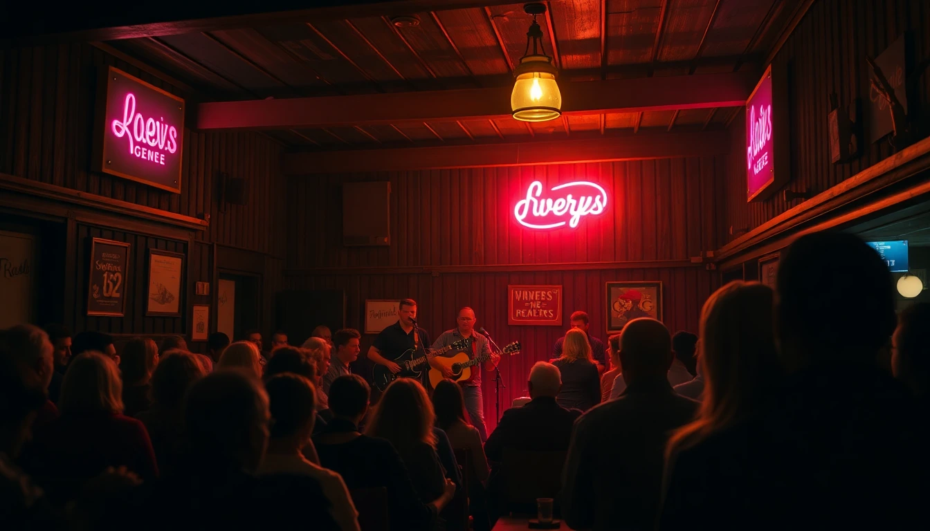 A warm regional pub during a small engaged gig — intimate crowd, warm amber light, community atmosphere