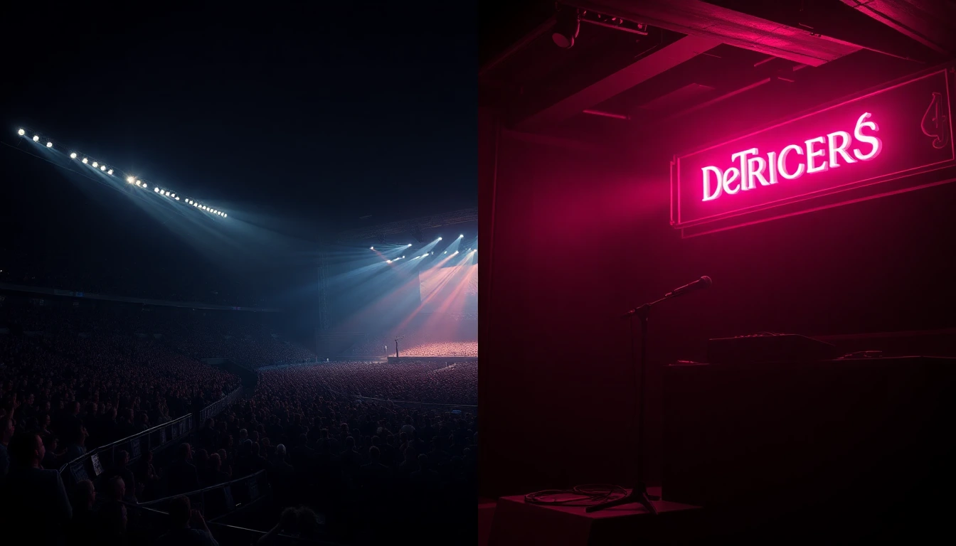 Split composition — on the left a bright stadium concert with massive crowd; on the right an empty dimly-lit pub stage with a single microphone